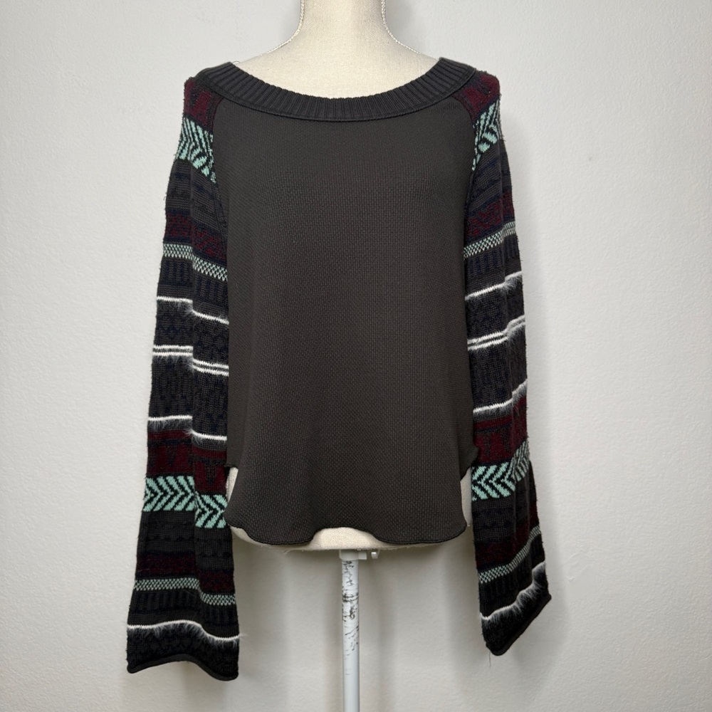 Free People Fairground Thermal Top Gray Purple Mixed Knit Contrast Size L